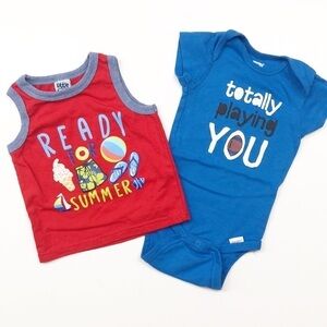 Little Lad red beach tank top + Onesies blue sports baby bodysuit
